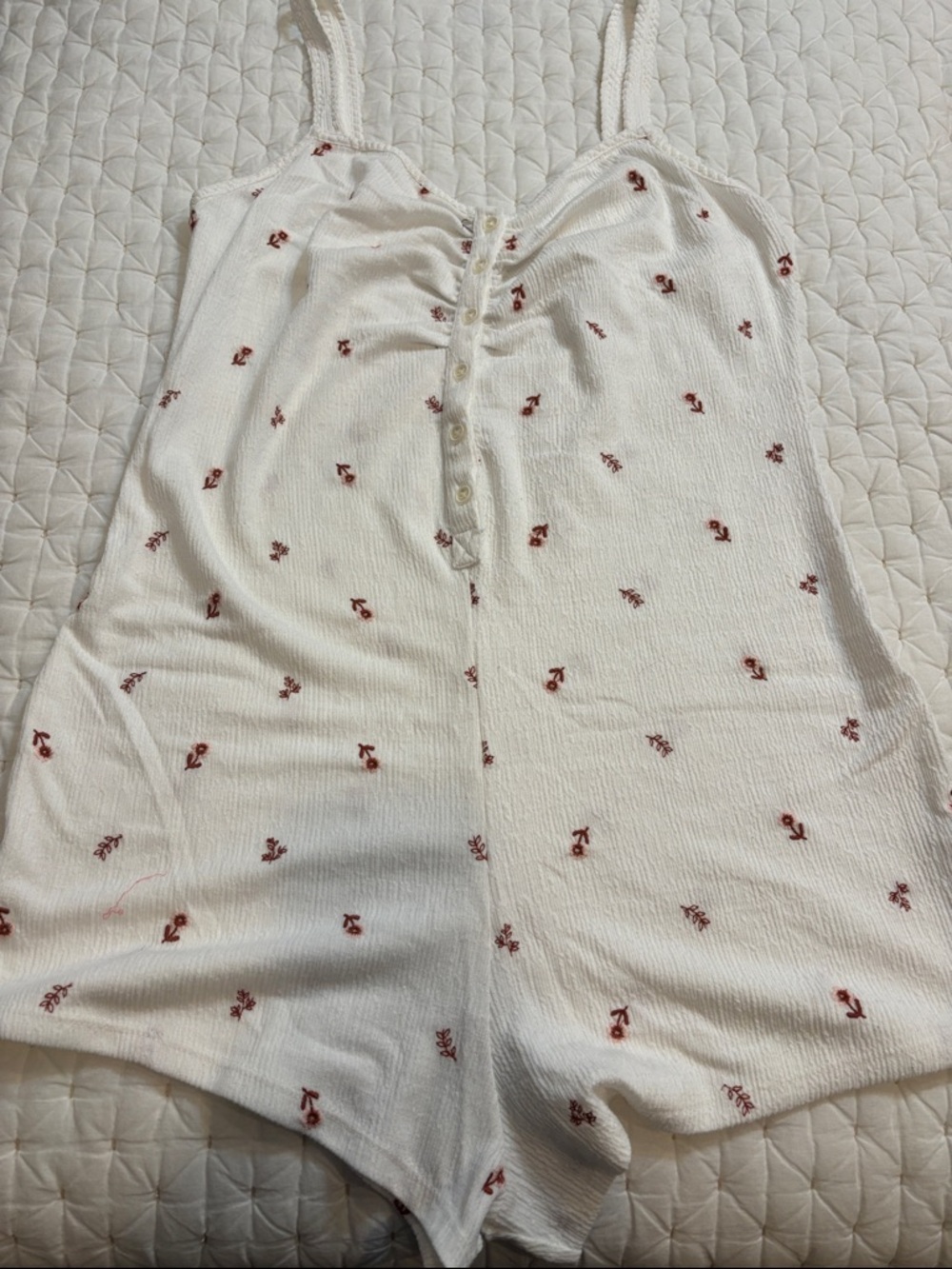 Anthropologie White Shorts Pajamas Jumpsuit with Rust Floral Embroidery